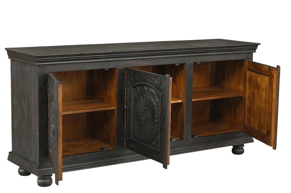 81" Black Distressed Solid Wood Carved Floral Sideboard With Three Doors HomeRoots