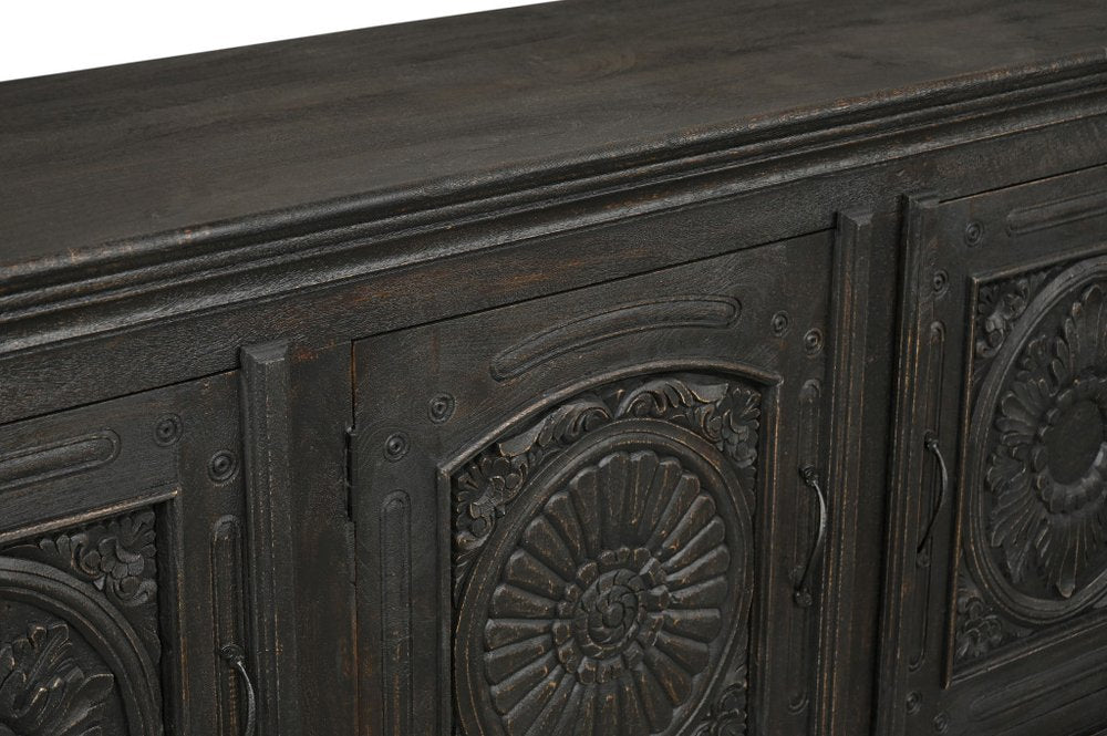 81" Black Distressed Solid Wood Carved Floral Sideboard With Three Doors — view 4