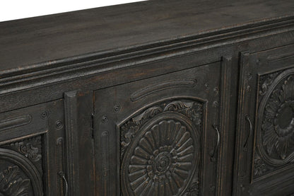 81" Black Distressed Solid Wood Carved Floral Sideboard With Three Doors