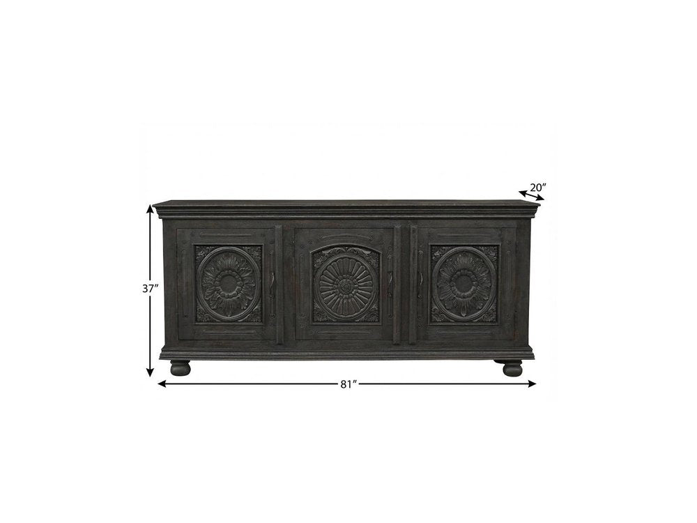 81" Black Distressed Solid Wood Carved Floral Sideboard With Three Doors — view 7