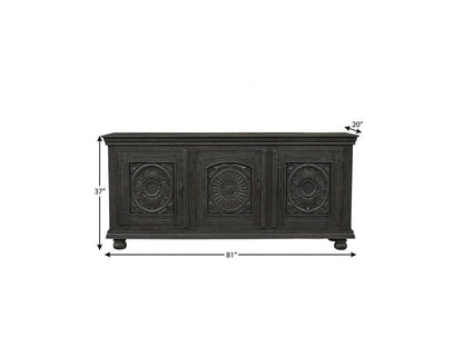 81" Black Distressed Solid Wood Carved Floral Sideboard With Three Doors HomeRoots
