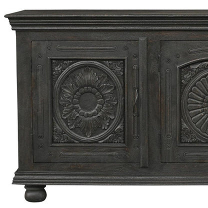 81" Black Distressed Solid Wood Carved Floral Sideboard With Three Doors