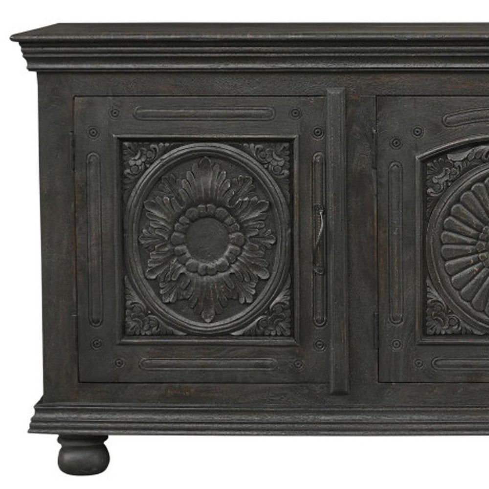81" Black Distressed Solid Wood Carved Floral Sideboard With Three Doors — view 5