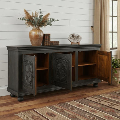 81" Black Distressed Solid Wood Carved Floral Sideboard With Three Doors HomeRoots