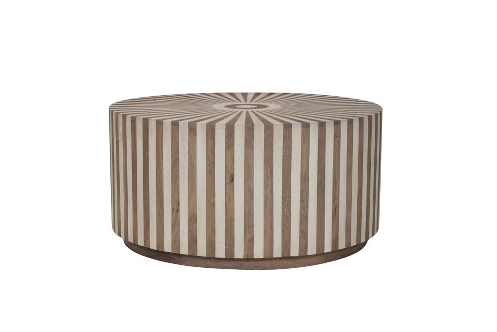 36" Dark Brown and Natural Solid Wood Round Drum Coffee Table HomeRoots