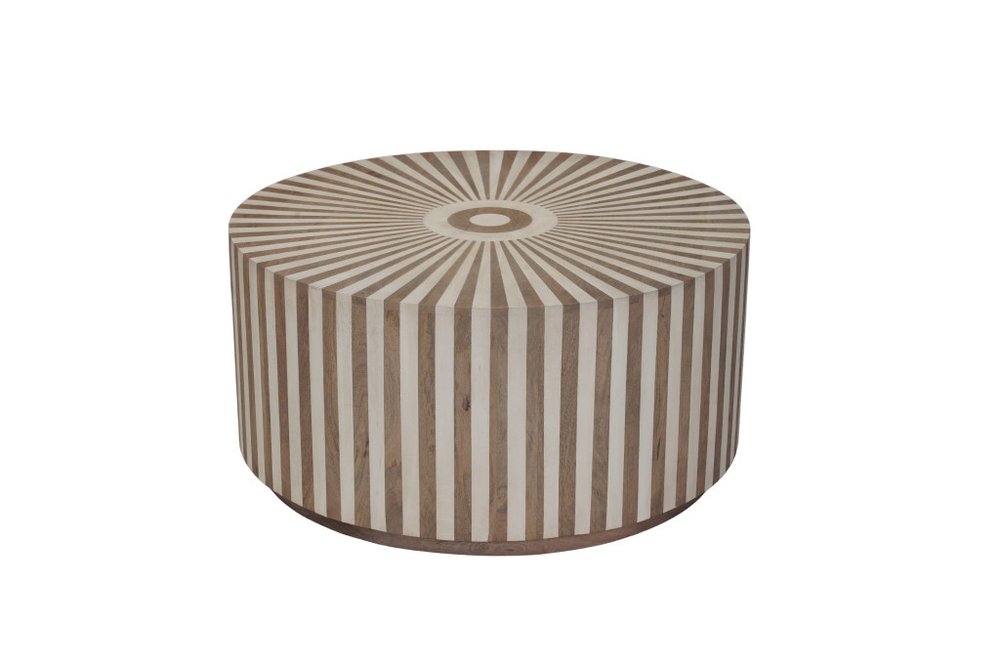 36" Dark Brown and Natural Solid Wood Round Drum Coffee Table — view 3