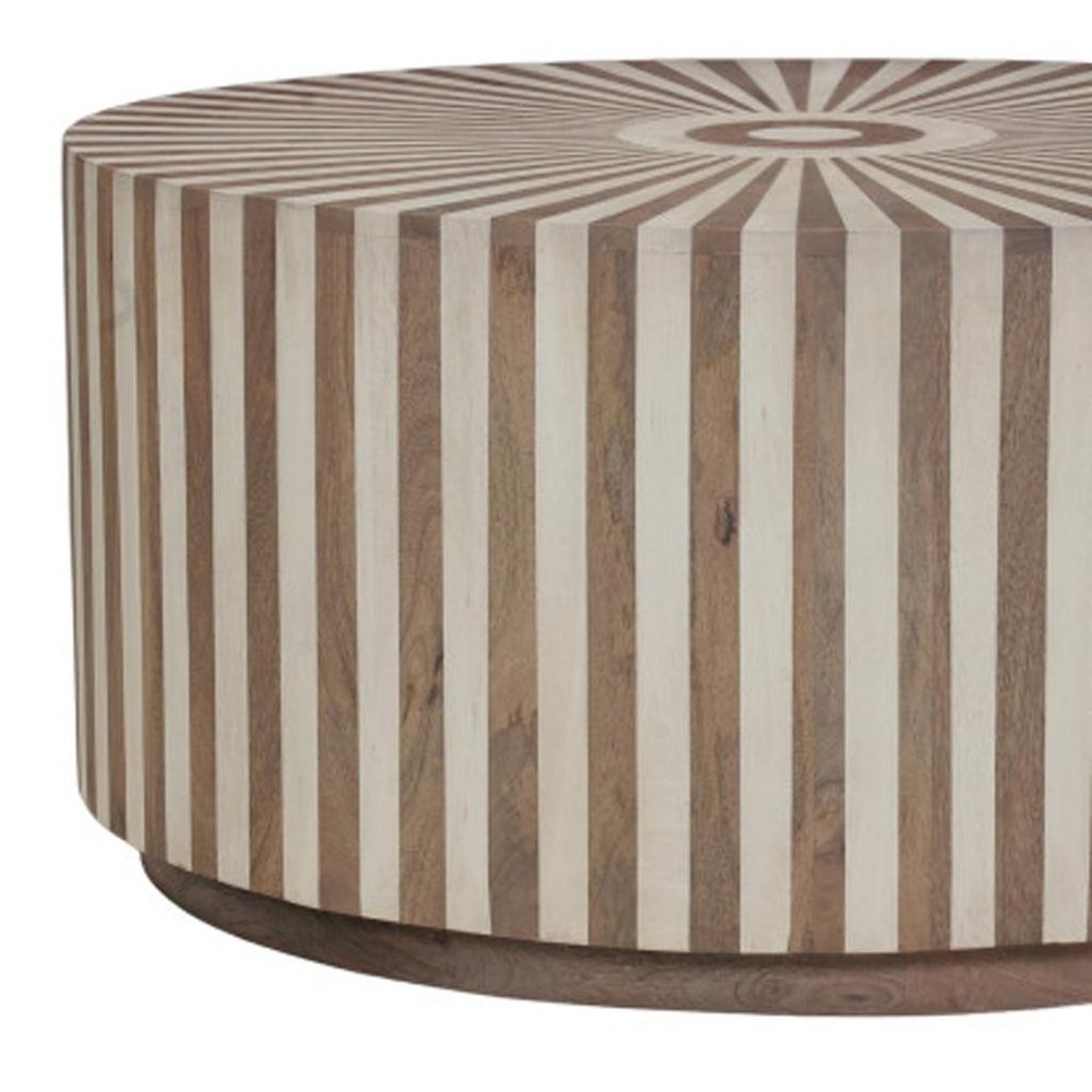 36" Dark Brown and Natural Solid Wood Round Drum Coffee Table HomeRoots