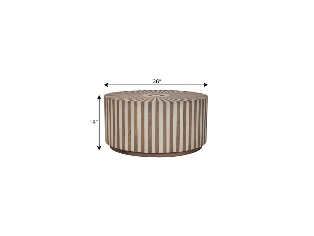 36" Dark Brown and Natural Solid Wood Round Drum Coffee Table