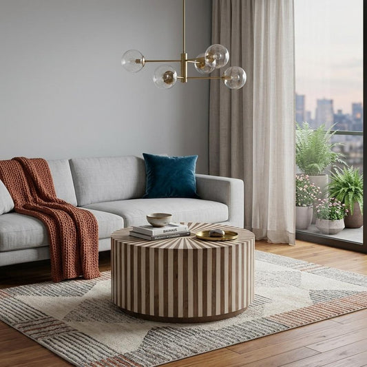 36" Dark Brown and Natural Solid Wood Round Drum Coffee Table