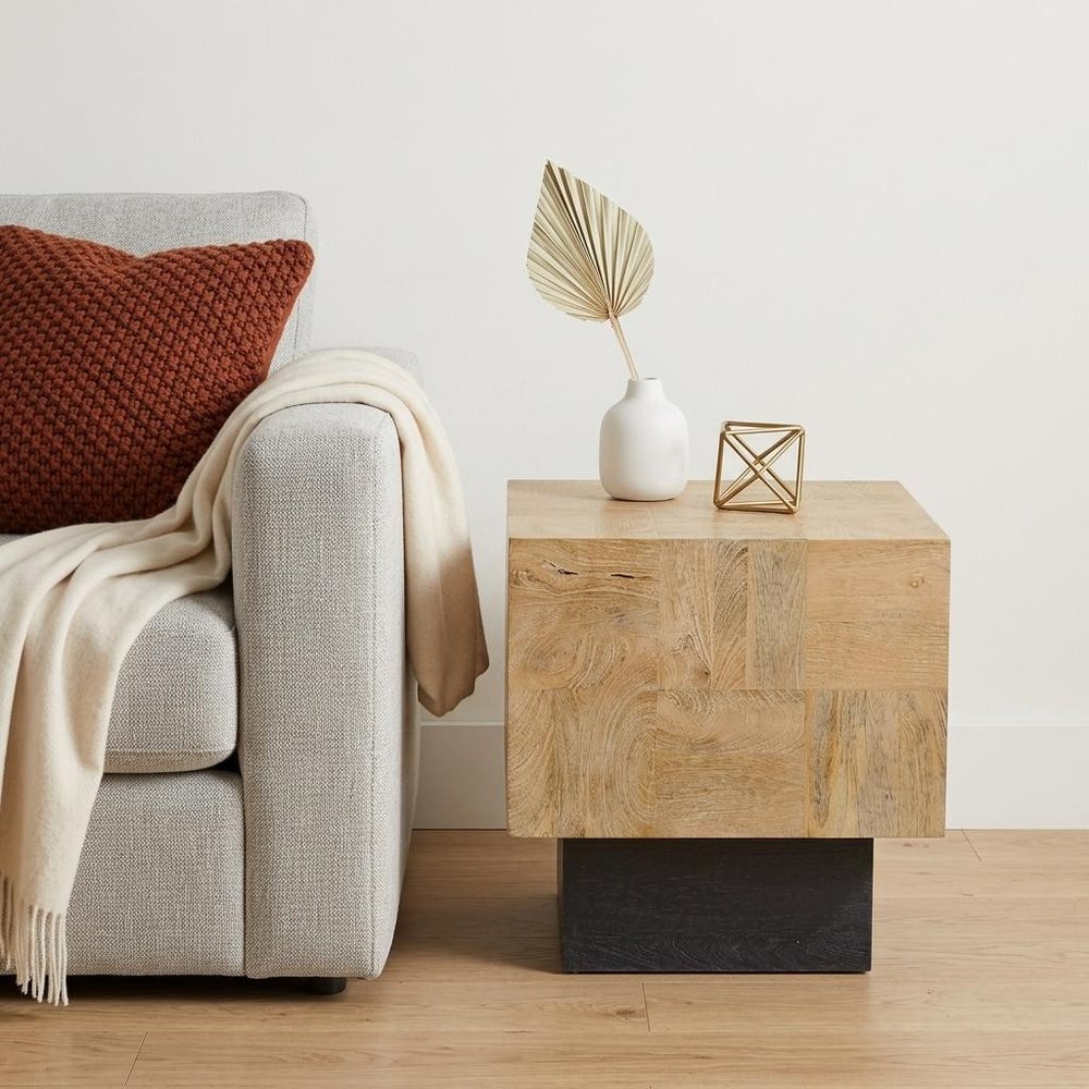 22" Natural and Black Solid Wood Square Block End Table — view 1