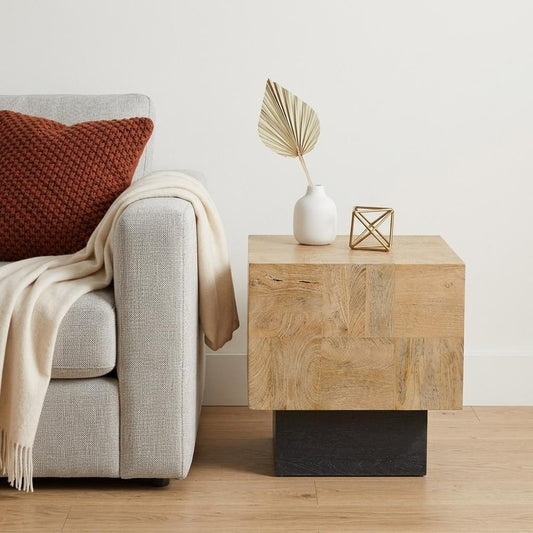 22" Natural and Black Solid Wood Square Block End Table