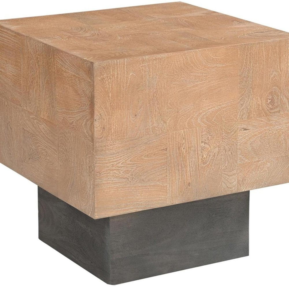 22" Natural and Black Solid Wood Square Block End Table