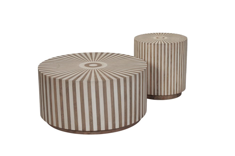 Set of Two Brown Solid Wood Round Drum Furniture Set — view 1