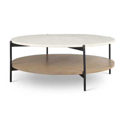 42" White and Brown Stone Iron and Solid Wood Round Coffee Table HomeRoots