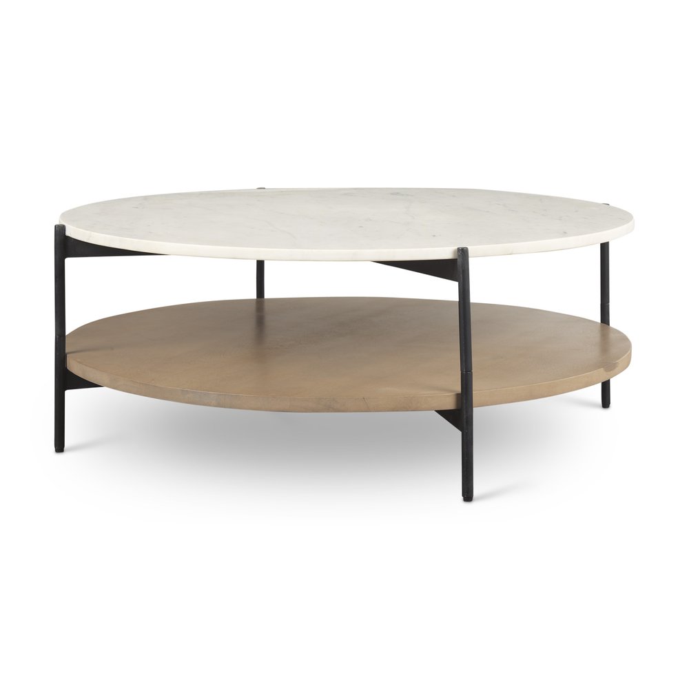 42" White and Brown Stone Iron and Solid Wood Round Coffee Table