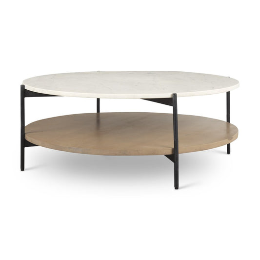 42" White and Brown Stone Iron and Solid Wood Round Coffee Table