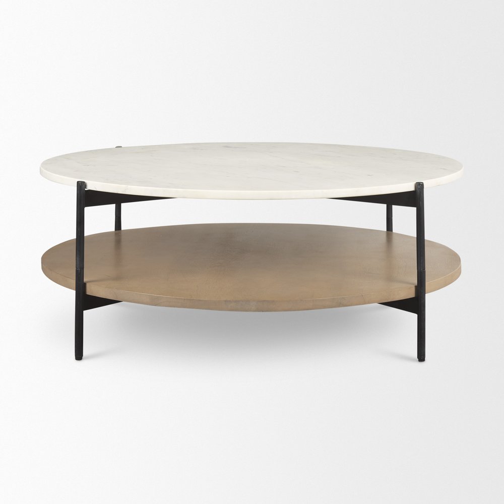 42" White and Brown Stone Iron and Solid Wood Round Coffee Table HomeRoots