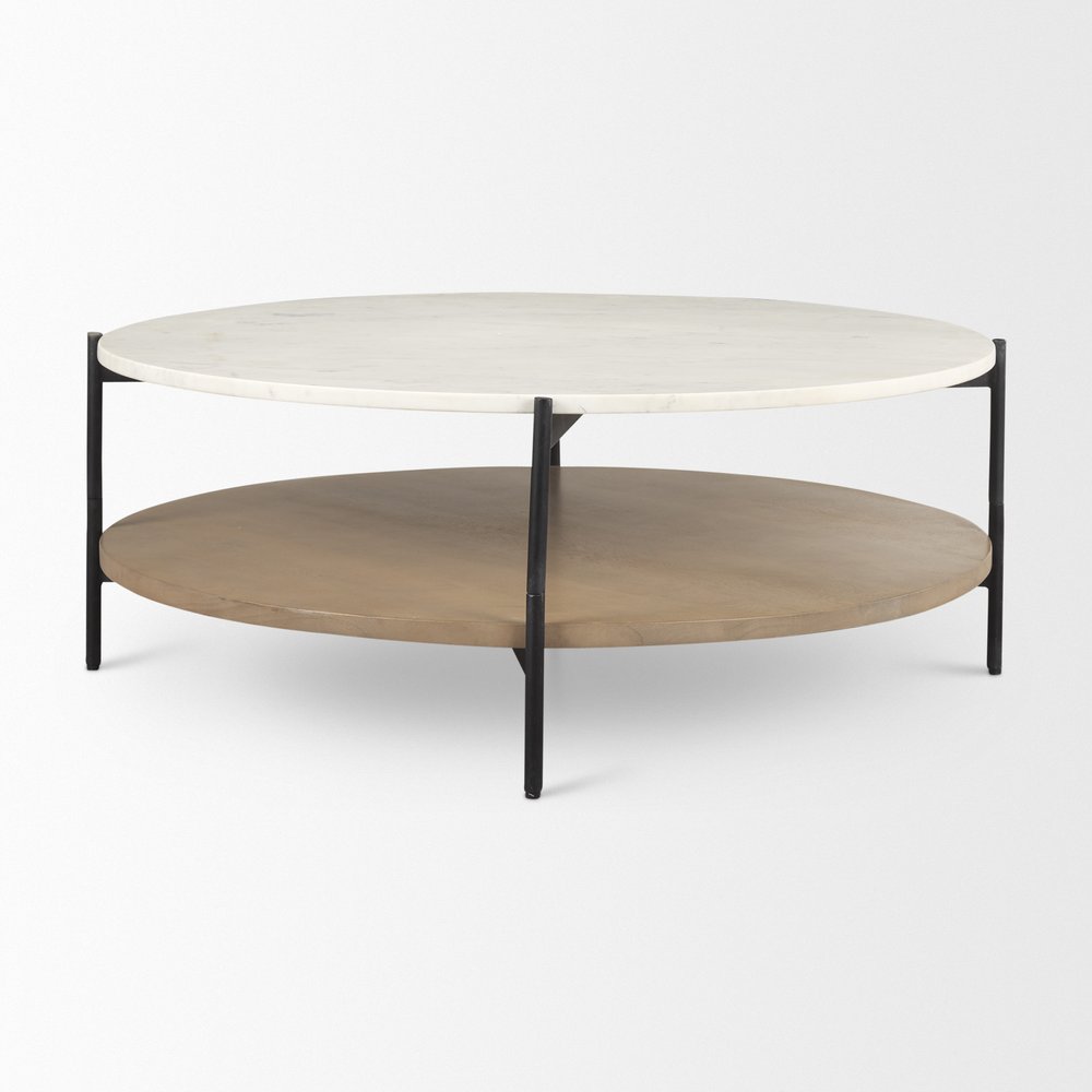 42" White and Brown Stone Iron and Solid Wood Round Coffee Table — view 3