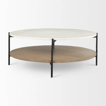 42" White and Brown Stone Iron and Solid Wood Round Coffee Table