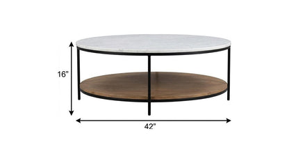 42" White and Brown Stone Iron and Solid Wood Round Coffee Table HomeRoots
