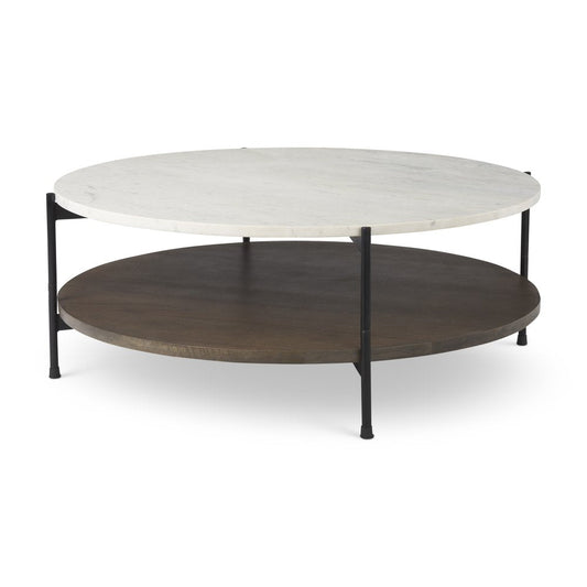 44" White Black and Brown Genuine Marble Iron and Solid Wood Round Coffee Table