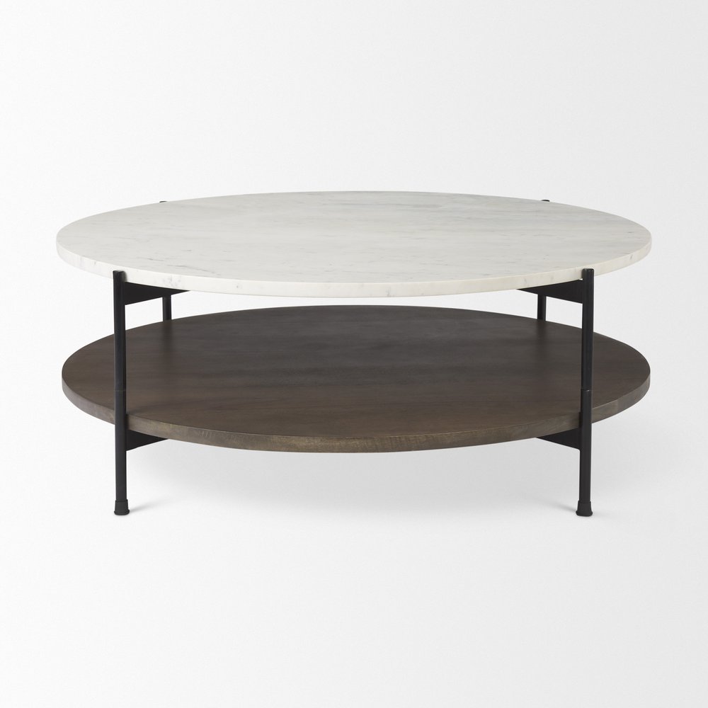 44" White Black and Brown Genuine Marble Iron and Solid Wood Round Coffee Table HomeRoots