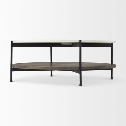 44" White Black and Brown Genuine Marble Iron and Solid Wood Round Coffee Table