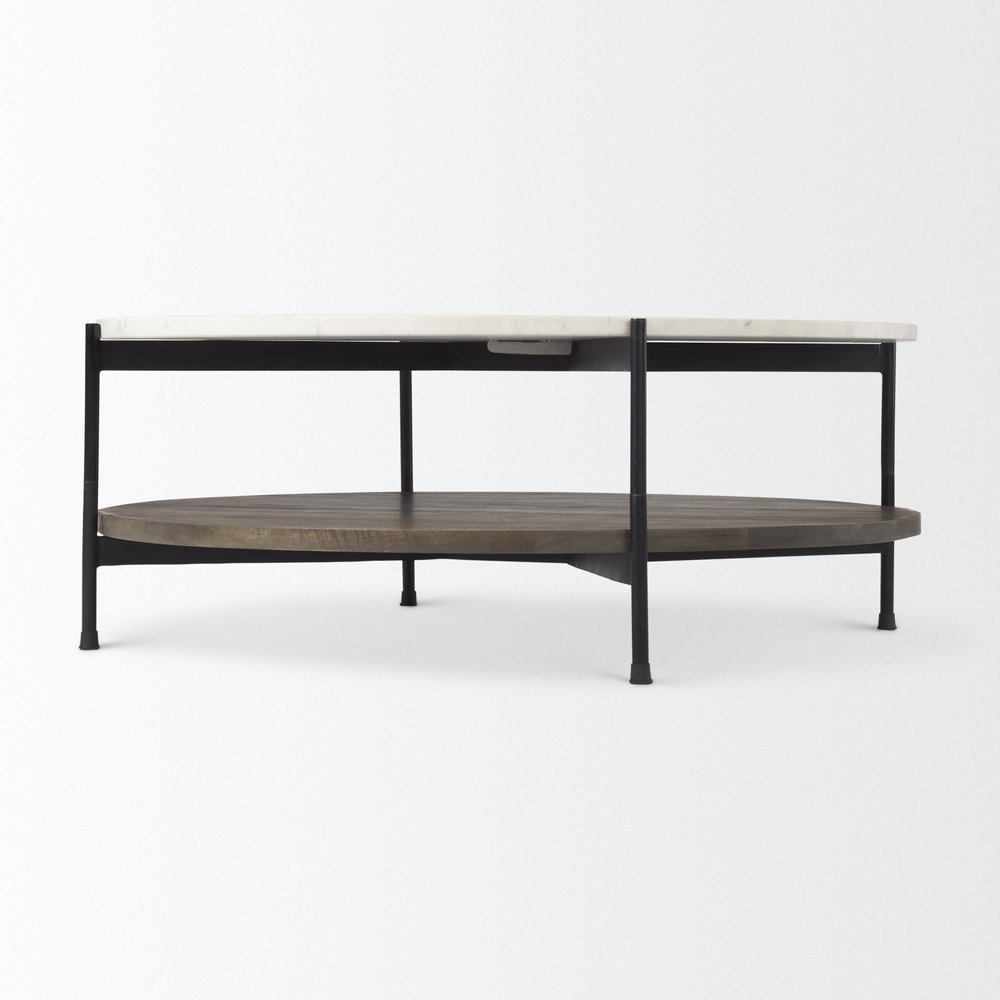 44" White Black and Brown Genuine Marble Iron and Solid Wood Round Coffee Table HomeRoots