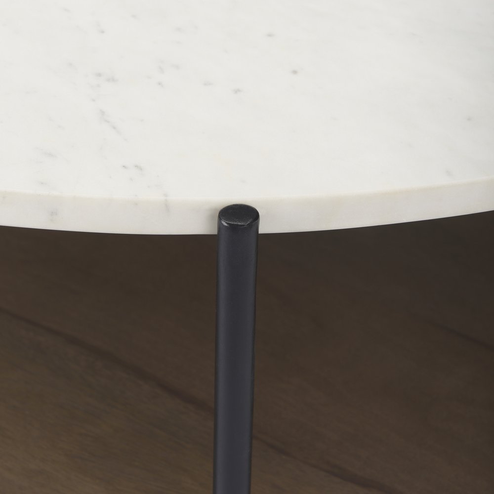 44" White Black and Brown Genuine Marble Iron and Solid Wood Round Coffee Table