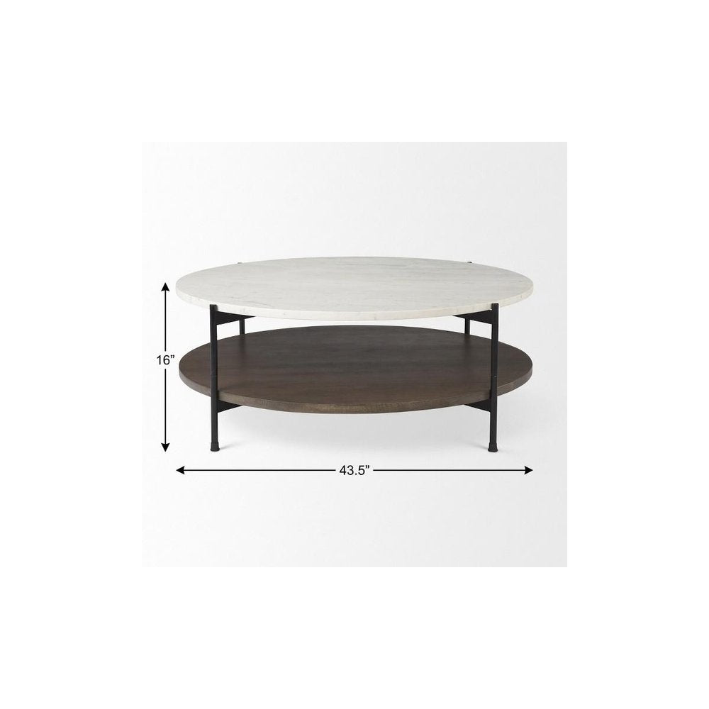 44" White Black and Brown Genuine Marble Iron and Solid Wood Round Coffee Table HomeRoots