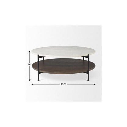 44" White Black and Brown Genuine Marble Iron and Solid Wood Round Coffee Table HomeRoots