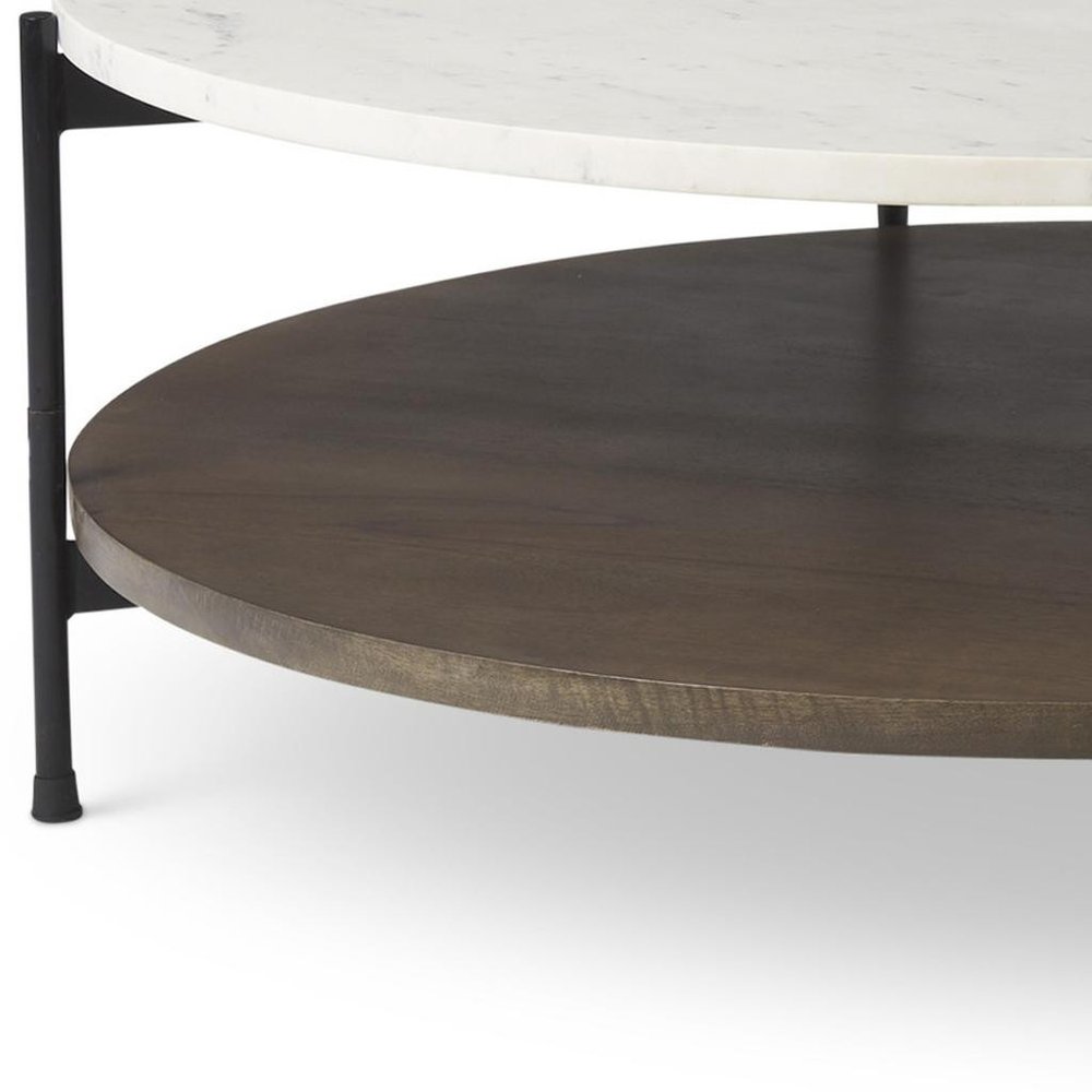 44" White Black and Brown Genuine Marble Iron and Solid Wood Round Coffee Table — view 6