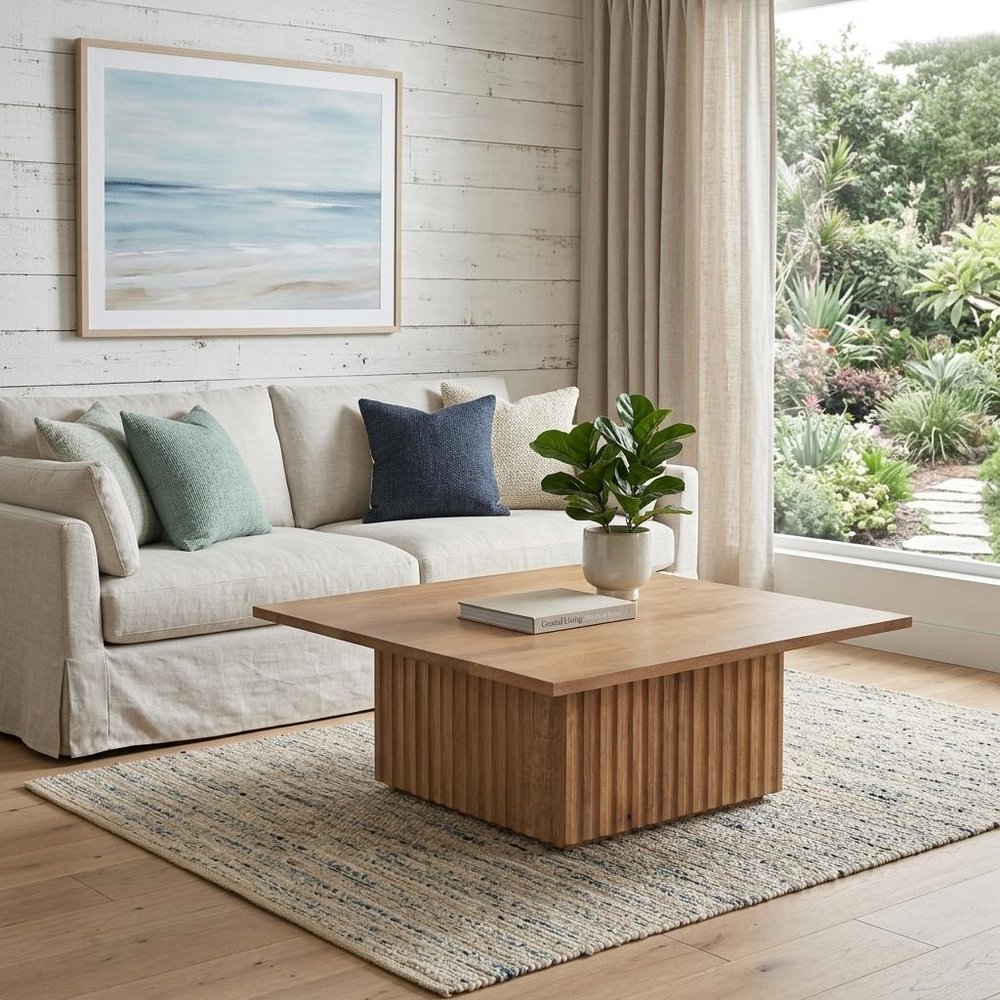 42" Light Brown Solid Wood Square Block Coffee Table