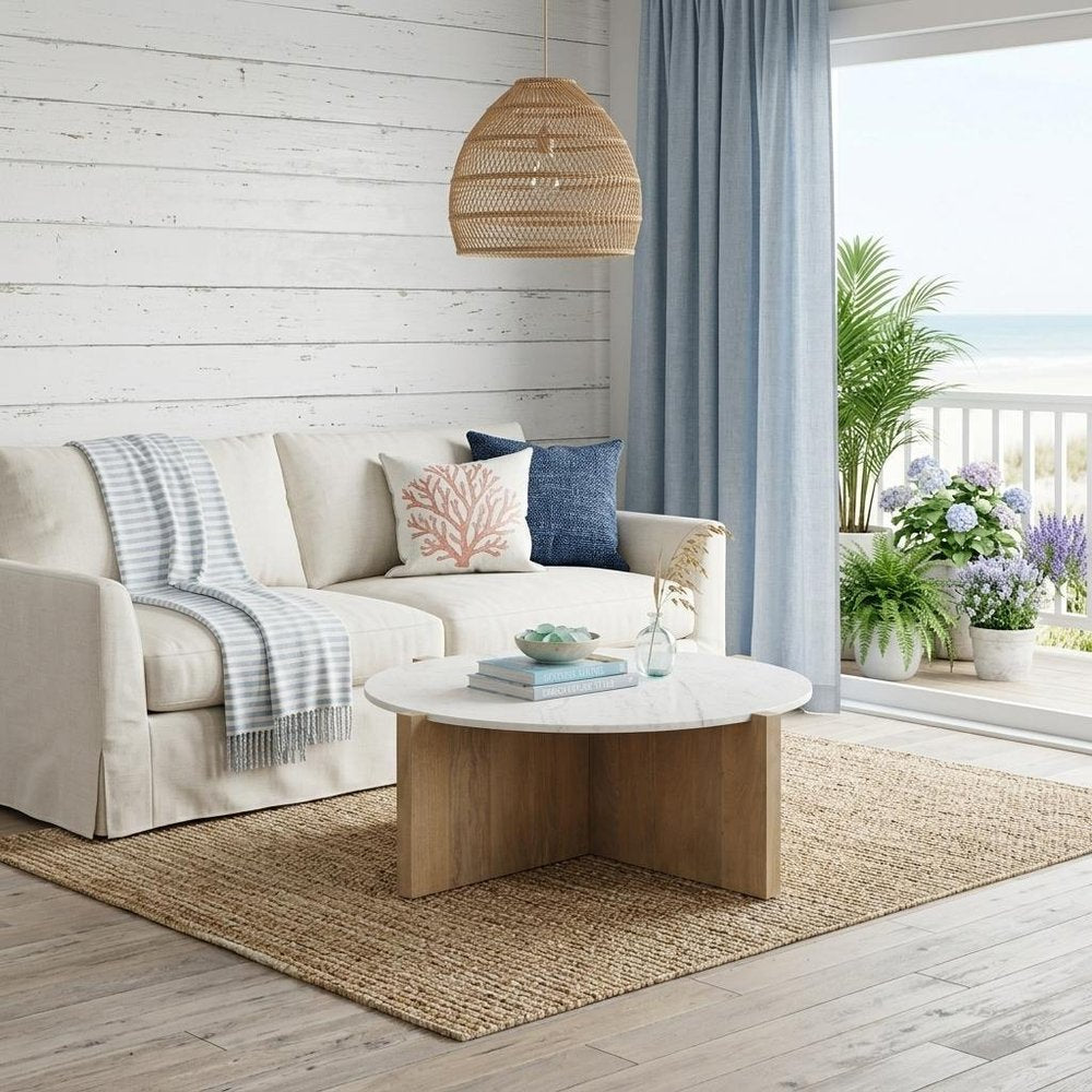 48" White and Brown Marble and Solid Wood Round Coffee Table HomeRoots