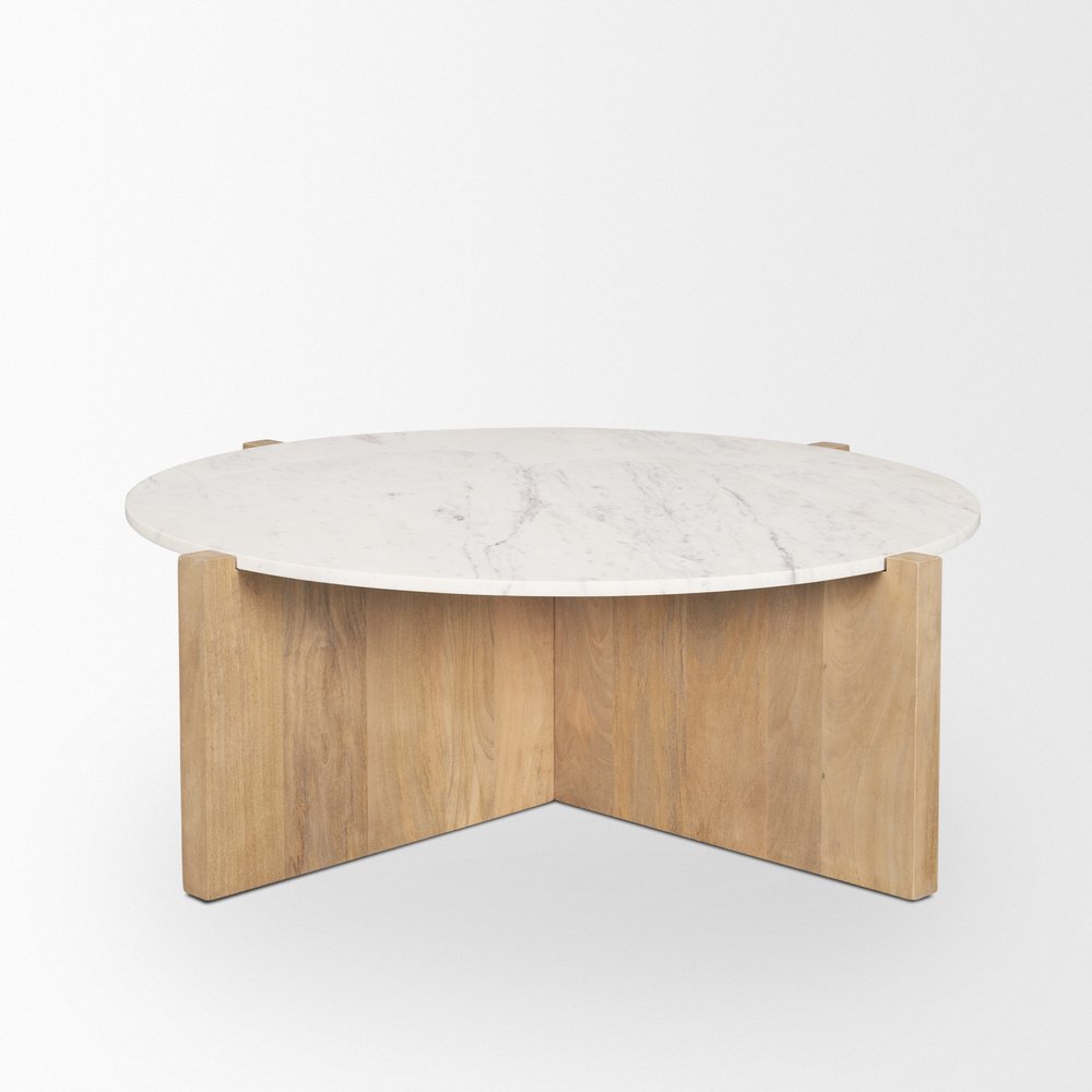 48" White and Brown Marble and Solid Wood Round Coffee Table — view 2