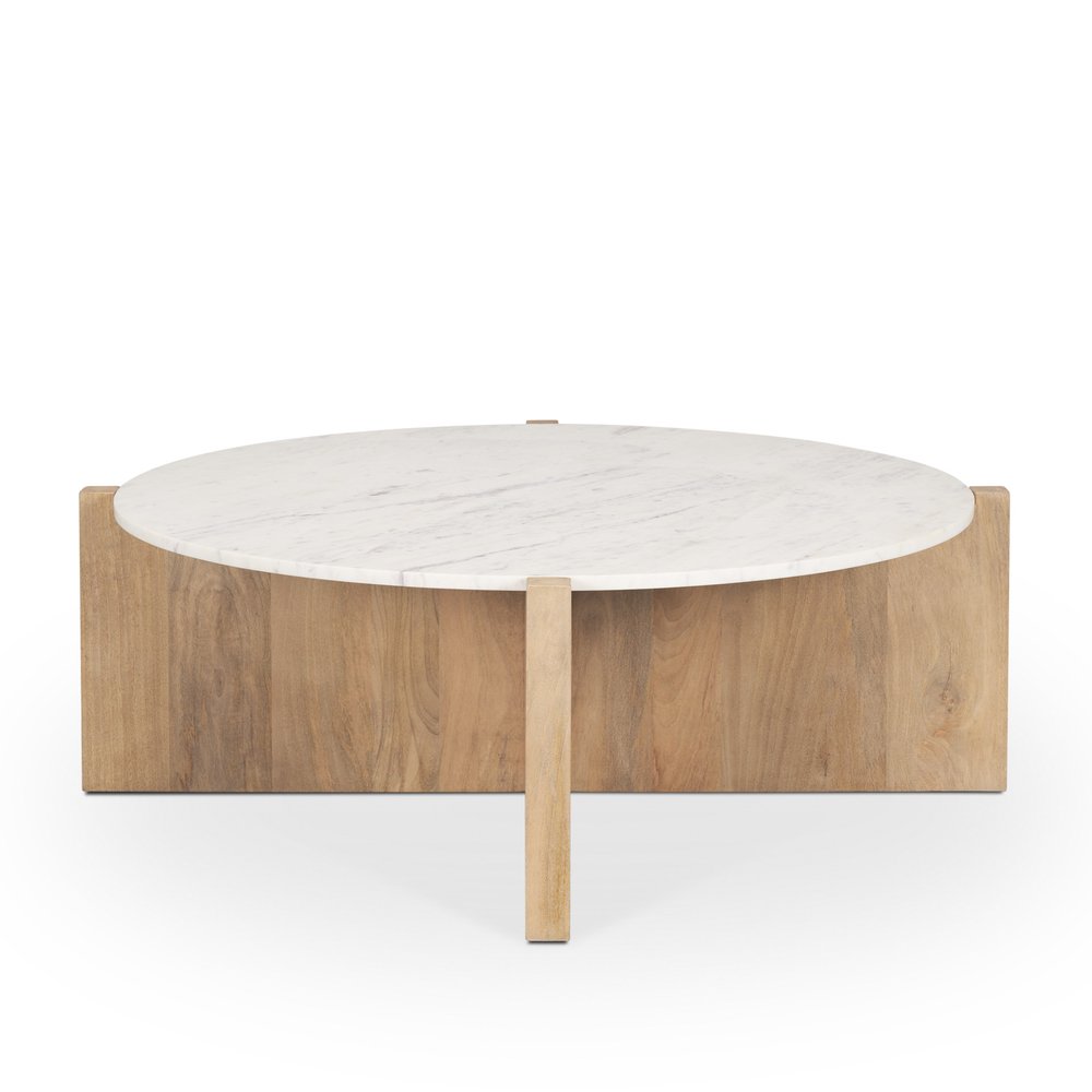 48" White and Brown Marble and Solid Wood Round Coffee Table — view 3