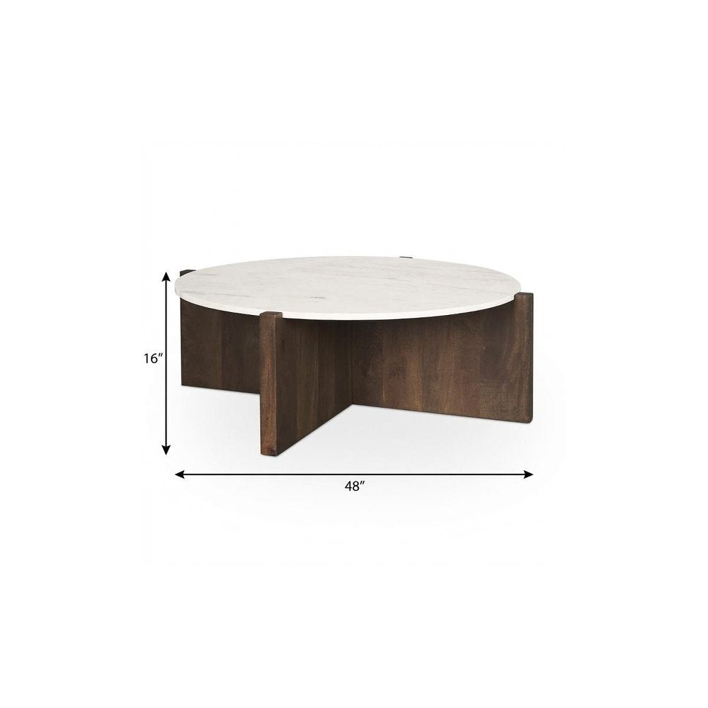 48" Gray White and Dark Brown Genuine Marble and Solid Wood Round Trestle Coffee Table — view 9