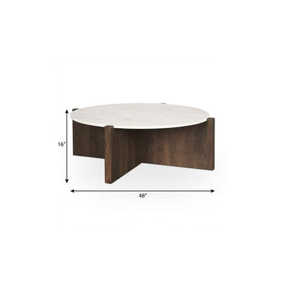 48" Gray White and Dark Brown Genuine Marble and Solid Wood Round Trestle Coffee Table