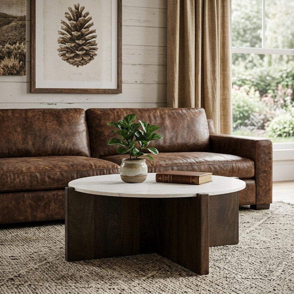 48" Gray White and Dark Brown Genuine Marble and Solid Wood Round Trestle Coffee Table