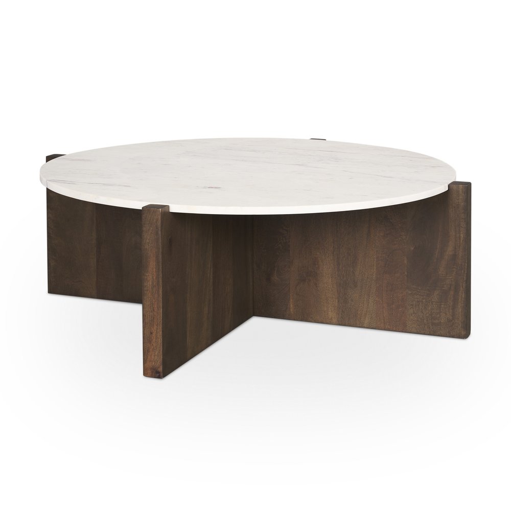 48" Gray White and Dark Brown Genuine Marble and Solid Wood Round Trestle Coffee Table — view 2