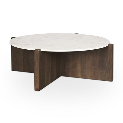 48" Gray White and Dark Brown Genuine Marble and Solid Wood Round Trestle Coffee Table HomeRoots
