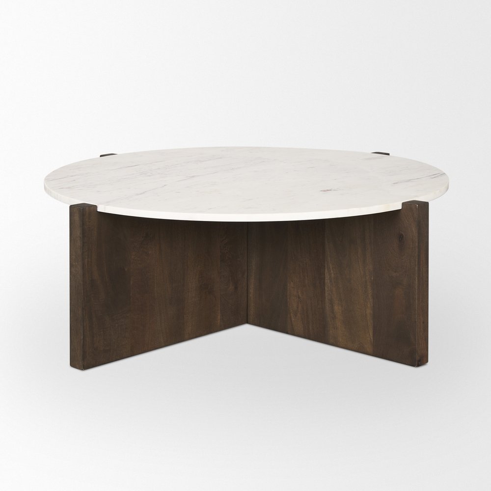 48" Gray White and Dark Brown Genuine Marble and Solid Wood Round Trestle Coffee Table HomeRoots