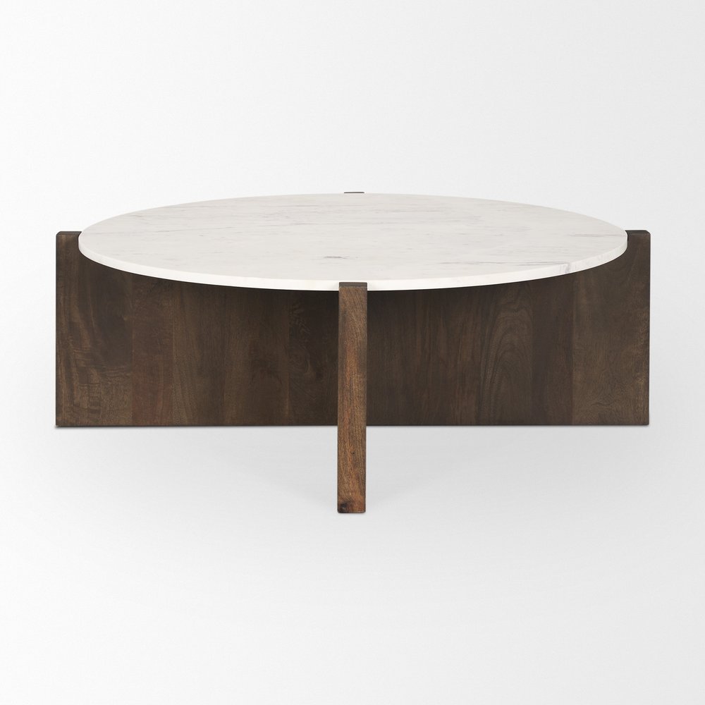 48" Gray White and Dark Brown Genuine Marble and Solid Wood Round Trestle Coffee Table