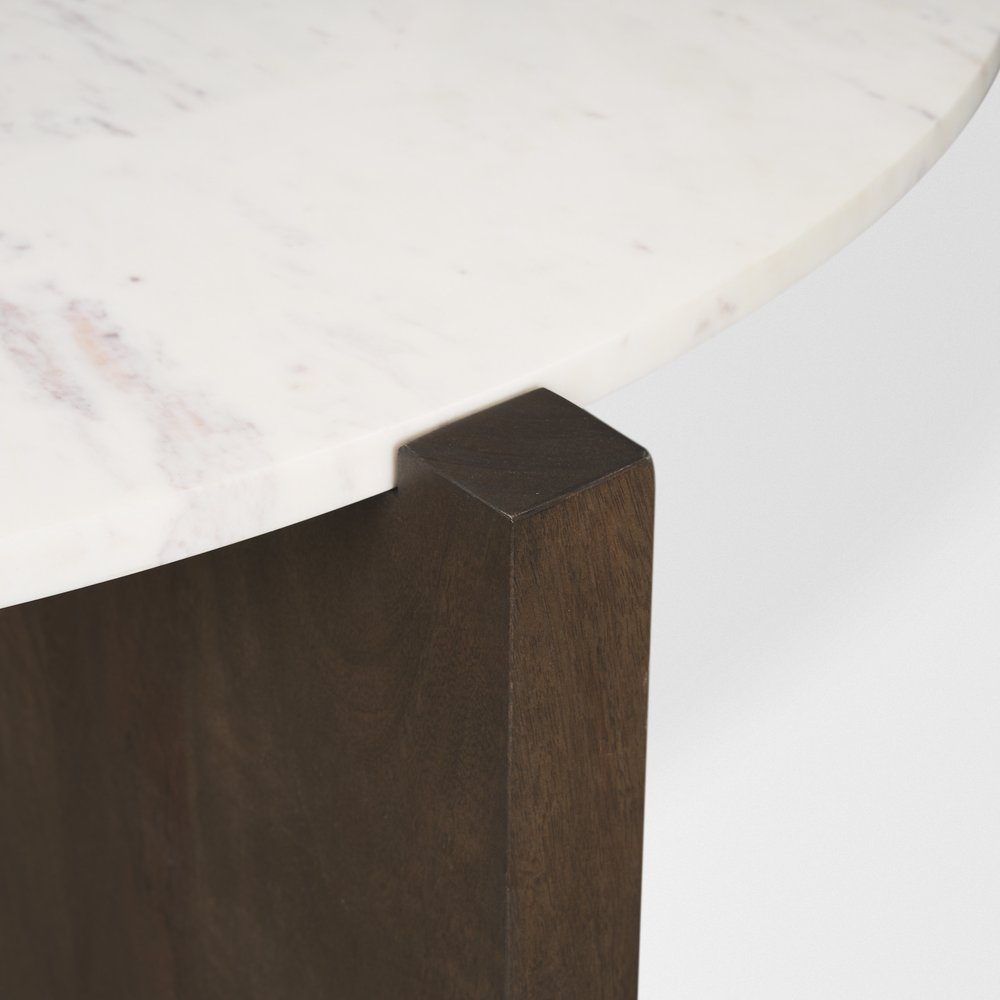 48" Gray White and Dark Brown Genuine Marble and Solid Wood Round Trestle Coffee Table