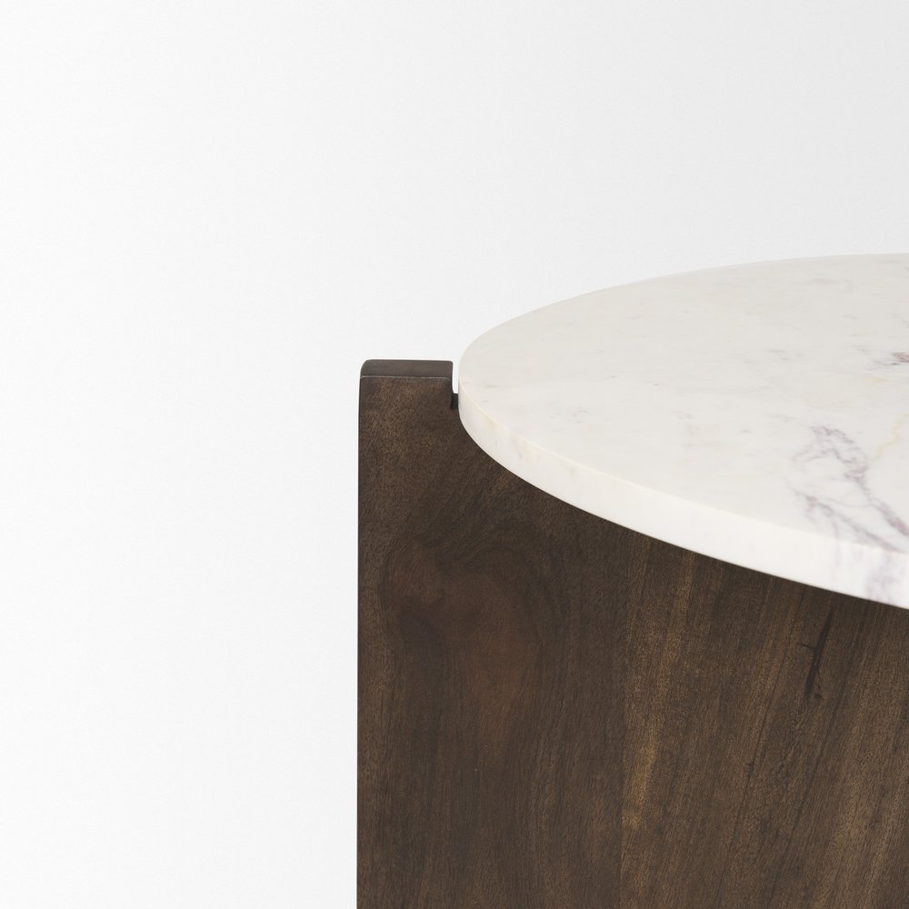 48" Gray White and Dark Brown Genuine Marble and Solid Wood Round Trestle Coffee Table — view 7