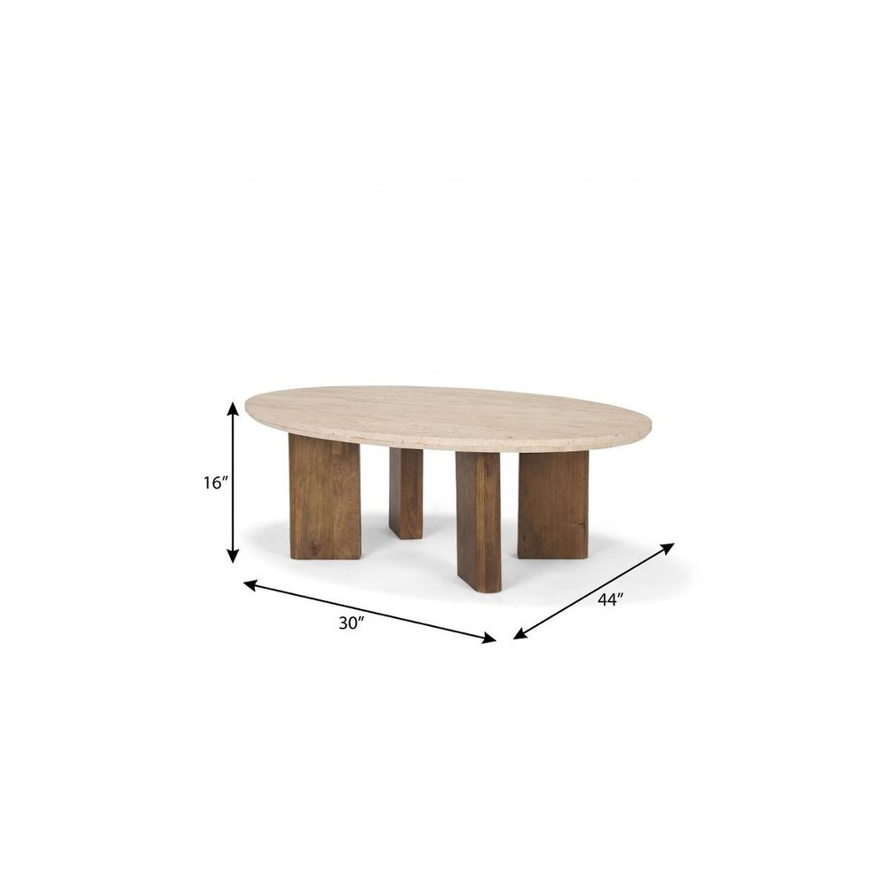 30" Beige and Brown Stone and Solid Wood Oval Coffee Table HomeRoots