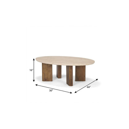 30" Beige and Brown Stone and Solid Wood Oval Coffee Table HomeRoots