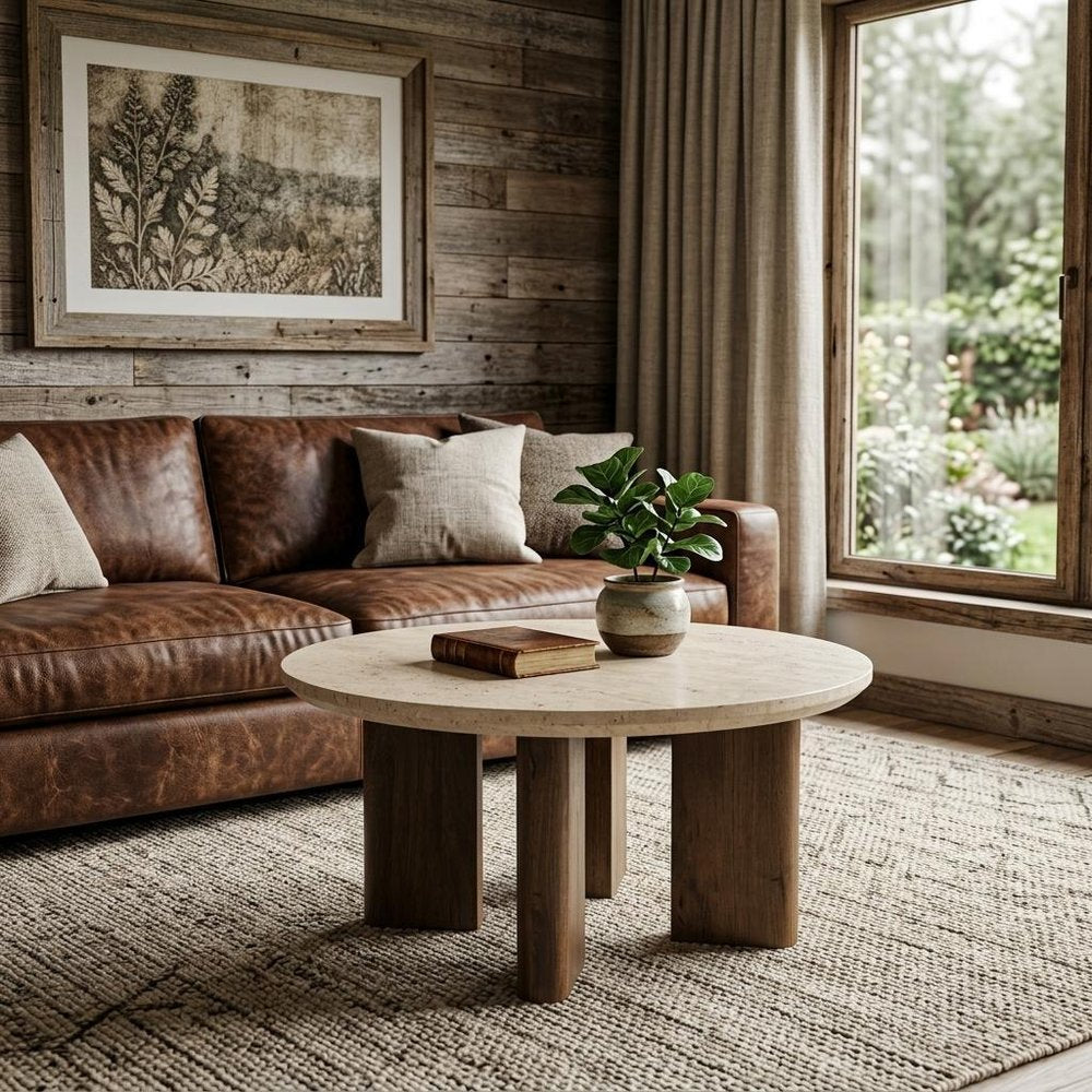 30" Beige and Brown Stone and Solid Wood Oval Coffee Table — view 10