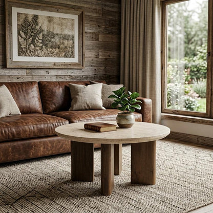 30" Beige and Brown Stone and Solid Wood Oval Coffee Table HomeRoots