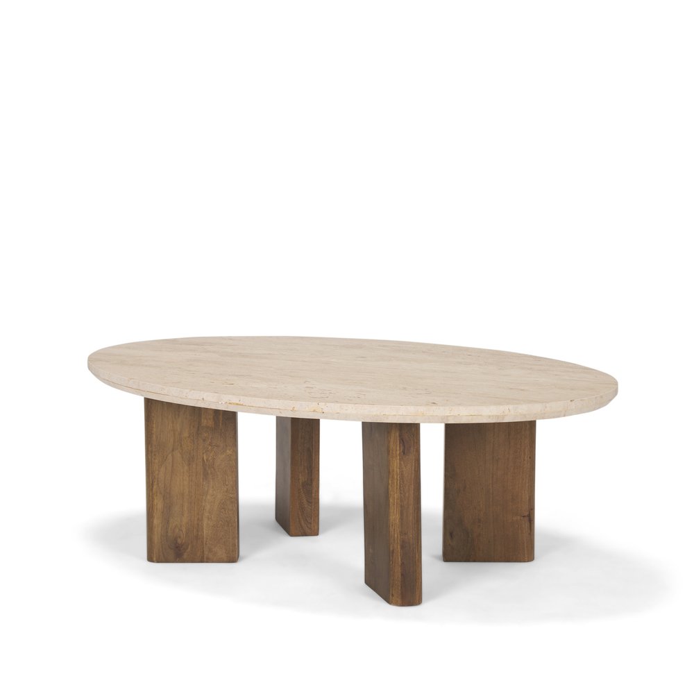 30" Beige and Brown Stone and Solid Wood Oval Coffee Table HomeRoots
